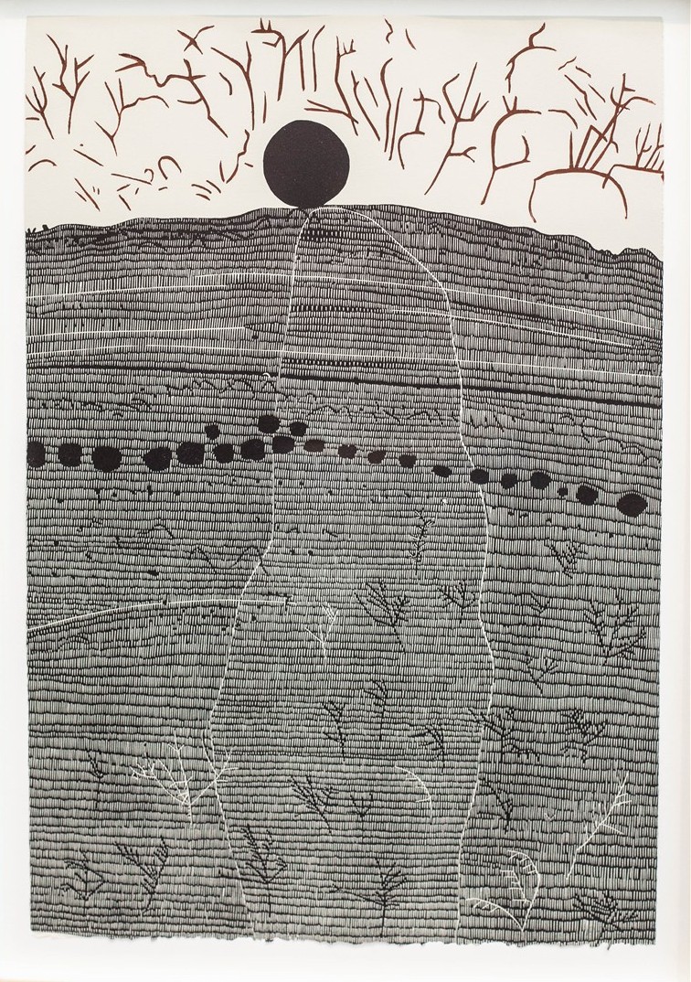GW Bot, Lake Mungo Glyphs - a portrait, linocut, 57 x 38cm