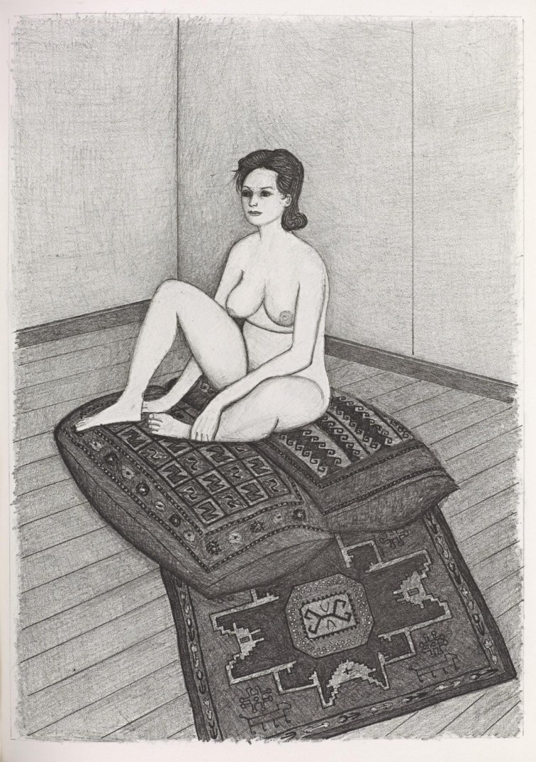 Nude seated on two cushions and patterned rug