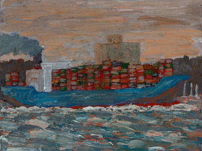 Large container ship entering port