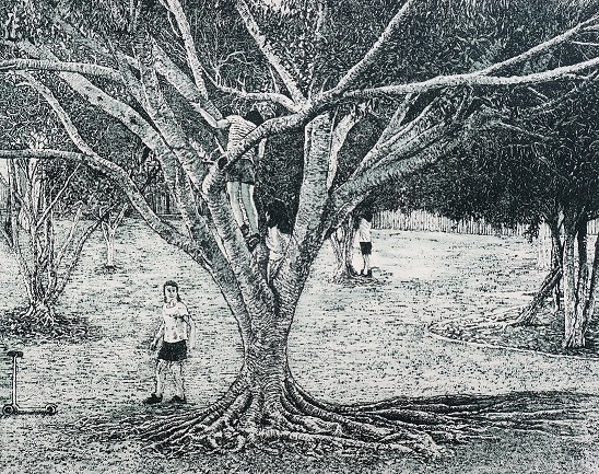 Parked Life – children playing around trees, Seville Park, April 2020