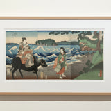 ANDO HIROSHIGE II (1826 – 1869) Prince Genji riding an ox being led by an abalone diver along the seashore with Enoshima Island and Mount Fuji in the distance  1860