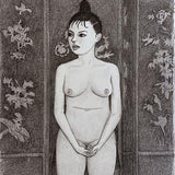 Nude standing frontal before screen, three-quarter length 1982