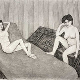 Two nudes, one reclining on divan, one on chair resting elbow on raised knee 1982