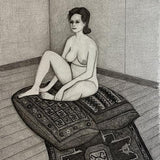 Nude seated on two cushions and patterned rug 1982