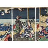 UTAGAWA KUNISADA II (1823 – 1880) Eastern Genji and the Autumn Moon at Fukagawa from the  Tales of Genji, the young prince arrives by boat for a  moon viewing party  1856