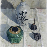 Still life with Sake bottle and seed pods 2024