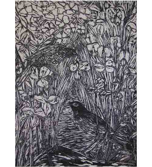 Bower birds with native irises and eggs and bacon pea 2008-23